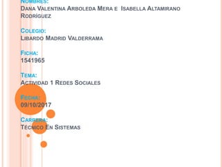 NOMBRES:
DANA VALENTINA ARBOLEDA MERA E ISABELLA ALTAMIRANO
RODRÍGUEZ
COLEGIO:
LIBARDO MADRID VALDERRAMA
FICHA:
1541965
TEMA:
ACTIVIDAD 1 REDES SOCIALES
FECHA:
09/10/2017
CARRERA:
TÉCNICO EN SISTEMAS
 