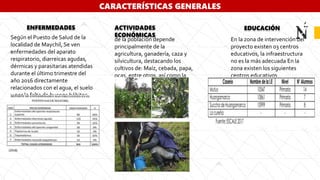 CARACTERÍSTICAS GENERALES
ENFERMEDADES
Según el Puesto de Salud de la
localidad de Maychil, Se ven
enfermedades del aparato
respiratorio, diarreicas agudas,
dérmicas y parasitarias atendidas
durante el último trimestre del
año 2016 directamente
relacionados con el agua, el suelo
y por la falta de buenos hábitos
de higiene y limpieza personal.
(2018)
ACTIVIDADES
ECONÓMICAS
de la población depende
principalmente de la
agricultura, ganadería, caza y
silvicultura, destacando los
cultivos de: Maíz, cebada, papa,
ocas, entre otros, así como la
crianza de vacunos y ovinos
En la zona de intervención del
proyecto existen 03 centros
educativos, la infraestructura
no es la más adecuada En la
zona existen los siguientes
centros educativos
EDUCACIÓN
 