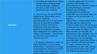 VENTAJAS
1. El código de Android es abierto:
Google liberó Android bajo
licencia Apache. Cualquier
persona puede realizar una
aplicación para Android.
2. Hoy día hay más de 650.000
aplicaciones disponibles para
teléfonos Android,
aproximadamente 2/3 son gratis.
Además la libertad de código
permite adaptar Android a
bastantes otros dispositivos
además de teléfonos celulares.
Está implantado en Tablets, GPS,
relojes, microondas… incluso hay
por internet una versión de
Android para PC.
3. El sistema Android es capaz de
hacer funcionar a la vez varias
aplicaciones y además se encarga
de gestionarlas, dejarlas en modo
suspensión si no se utilizan e
incluso cerrarlas si llevan un
1. Elevada seguridad: El sistema
operativo iOS siempre ha
presumido de su eficiencia frente a
las ciberamenazas externas.
Además con, la última
actualización el código de
seguridad con el sistema típico de
4 dígitos se ha actualizado a 6
dígitos.
Mayor filtro y exclusividad dentro
del mercado de aplicaciones:
Todas las apps para iOS atraviesan
un proceso de revisión manual por
parte del equipo de Apple. Este
filtro permite un mercado de
aplicaciones más cuidado y con un
mayor índice de calidad que en la
competencia. Las encontrarás
personalizadas para cada idioma y
país. Además, iOS permite tener
un mayor control sobre las
aplicaciones, ya que cada vez que
una app quiere hacer algo, tiene
que pedirte permiso para ello.
 