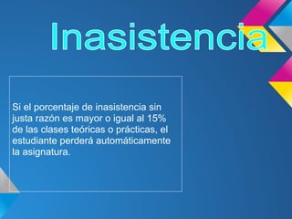 Si el porcentaje de inasistencia sin
justa razón es mayor o igual al 15%
de las clases teóricas o prácticas, el
estudiante perderá automáticamente
la asignatura.
 