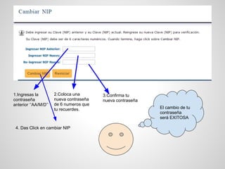 1.Ingresas la
contraseña
anterior ‘’AA/M/D’’
2.Coloca una
nueva contraseña
de 6 numeros que
tu recuerdes.
3.Confirma tu
nueva contraseña
4. Das Click en cambiar NIP
El cambio de tu
contraseña
será EXITOSA
 