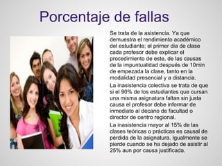 Se trata de la asistencia. Ya que
demuestra el rendimiento académico
del estudiante; el primer dia de clase
cada profesor debe explicar el
procedimiento de este, de las causas
de la impuntualidad después de 10min
de empezada la clase, tanto en la
modalidad presencial y a distancia.
La inasistencia colectiva se trata de que
si el 90% de los estudiantes que cursan
una misma asignatura faltan sin justa
causa el profesor debe informar de
inmediato al decano de facultad o
director de centro regional.
La inasistencia mayor al 15% de las
clases teóricas o prácticas es causal de
pérdida de la asignatura. Igualmente se
pierde cuando se ha dejado de asistir al
25% aun por causa justificada.
Porcentaje de fallas
 