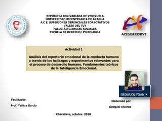 REPÚBLICA BOLIVARIANA DE VENEZUELA
UNIVERSIDAD BICENTENARIA DE ARAGUA
A.C E. SUPERIORES GERENCIALES CORPOTATIVOS
VALLES DEL TUY
FACULTAD CIENCIAS SOCIALES
ESCUELA DE DERECHO/ PSICOLOGÍA
Gedguol AlvarezProf. Yelitza García
Charallave, octubre 2020
Elaborado por:
Facilitador:
Actividad 1
Análisis del repertorio emocional de la conducta humana
a través de los hallazgos y experimentos relevantes para
el proceso de desarrollo humano. Fundamentos teóricos
de la Inteligencia Emocional.
 