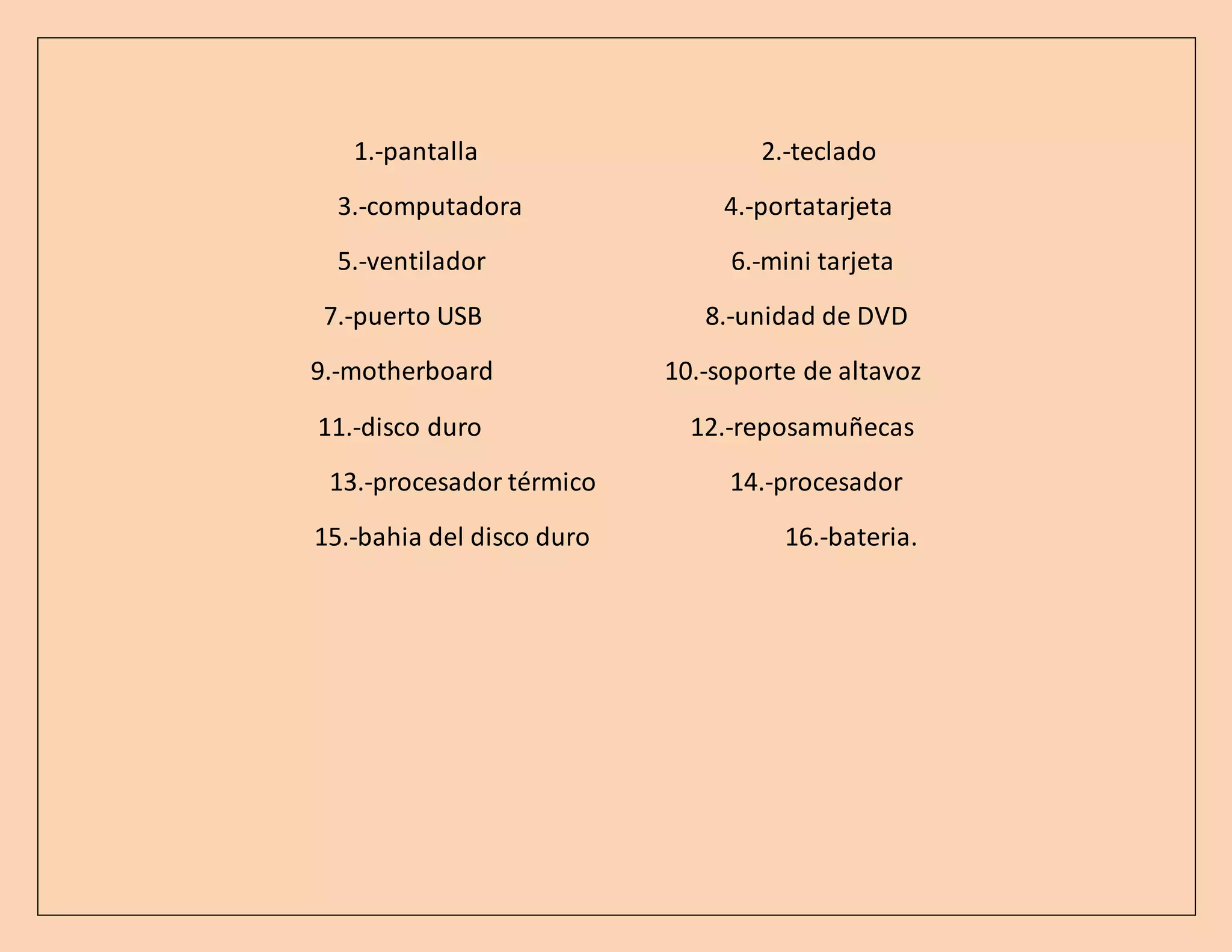 1.-pantalla 2.-teclado
3.-computadora 4.-portatarjeta
5.-ventilador 6.-mini tarjeta
7.-puerto USB 8.-unidad de DVD
9.-motherboard 10.-soporte de altavoz
11.-disco duro 12.-reposamuñecas
13.-procesador térmico 14.-procesador
15.-bahia del disco duro 16.-bateria.