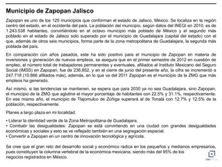Municipio de Zapopan Jalisco
Zapopan es uno de los 125 municipios que conforman el estado de Jalisco, México. Se localiza en la región
centro del estado, en el occidente del país. La población del municipio, según datos del INEGI en 2010, es de
1.243.538 habitantes, convirtiéndolo en el octavo municipio más poblado de México y el segundo más
poblado en el estado de Jalisco solo superado por el municipio de Guadalajara (capital del estado) con el
que, además de otros seis municipios, forma parte de la zona metropolitana de Guadalajara, la segunda más
poblada del país.
En comparación con años pasados, este ha sido positivo para el municipio de Zapopan en materia de
inversiones y generación de nuevos empleos, se asegura que en el primer semestre de 2012 en cuestión de
empleo, el número total de trabajadores permanentes y eventuales, afiliados al Instituto Mexicano del Seguro
Social (IMSS) en Zapopan, fue de 236.852, y en el cierre de junio del presente año, la cifra se incrementó a
247.718 (10.866 afiliados más), además, en lo que va del 2011 Zapopan es el municipio de la ZMG que más
empleos ha generado.
Así mismo, si las tendencias se mantienen, se espera que para 2030 ya no sea Guadalajara, sino Zapopan,
el municipio de la ZMG que aglutine el mayor porcentaje de habitantes con 22.5% y 31.1%, respectivamente.
En ese mismo año, el municipio de Tlajomulco de Zúñiga superará al de Tonalá con 12.7% y 12.5% de la
población, respectivamente.
Planes a largo plaza en mi localidad.
• Liderar la identidad verde de la Zona Metropolitana de Guadalajara.
• Combatir las desigualdades: Zapopan se está convirtiendo en una ciudad con grandes desigualdades
económicas y sociales y esto se ve reflejado también en una segregación espacial.
• Convertir a Zapopan en un centro de innovación tecnológica y agrícola.

Se cree que el gran reto del desarrollo social y económico radica en los pequeños y medianos empresarios,
pues constituyen la columna vertebral de la económica mexicana, siendo más del 95% de los
negocios registrados en México.
 