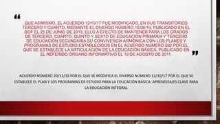 “
”
QUE ASIMISMO, EL ACUERDO 12/10/17 FUE MODIFICADO, EN SUS TRANSITORIOS
TERCERO Y CUARTO, MEDIANTE EL DIVERSO NÚMERO 15/06/19, PUBLICADO EN EL
DOF EL 25 DE JUNIO DE 2019, ELLO A EFECTO DE MANTENER PARA LOS GRADOS
DE TERCERO, CUARTO, QUINTO Y SEXTO DE EDUCACIÓN PRIMARIA Y TERCERO
DE EDUCACIÓN SECUNDARIA SU CONVIVENCIA ARMÓNICA CON LOS PLANES Y
PROGRAMAS DE ESTUDIO ESTABLECIDOS EN EL ACUERDO NÚMERO 592 POR EL
QUE SE ESTABLECE LA ARTICULACIÓN DE LA EDUCACIÓN BÁSICA, PUBLICADO EN
EL REFERIDO ÓRGANO INFORMATIVO EL 19 DE AGOSTO DE 2011.
ACUERDO NÚMERO 20/11/19 POR EL QUE SE MODIFICA EL DIVERSO NÚMERO 12/10/17 POR EL QUE SE
ESTABLECE EL PLAN Y LOS PROGRAMAS DE ESTUDIO PARA LA EDUCACIÓN BÁSICA: APRENDIZAJES CLAVE PARA
LA EDUCACIÓN INTEGRAL
 