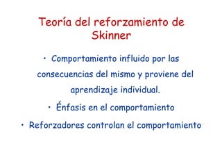 Teoría del reforzamiento de
Skinner
• Comportamiento influido por las
consecuencias del mismo y proviene del
aprendizaje individual.
• Énfasis en el comportamiento
• Reforzadores controlan el comportamiento
 