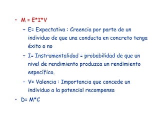• M = E*I*V
– E= Expectativa : Creencia por parte de un
individuo de que una conducta en concreto tenga
éxito o no
– I= Instrumentalidad = probabilidad de que un
nivel de rendimiento produzca un rendimiento
específico.
– V= Valencia : Importancia que concede un
individuo a la potencial recompensa
• D= M*C
 
