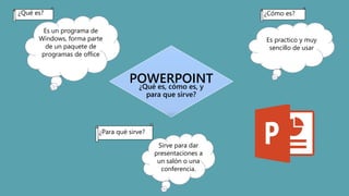 POWERPOINT¿Qué es, cómo es, y
para que sirve?
Es un programa de
Windows, forma parte
de un paquete de
programas de office
¿Qué es?
Es practico y muy
sencillo de usar
Sirve para dar
presentaciones a
un salón o una
conferencia.
¿Para qué sirve?
¿Cómo es?
 