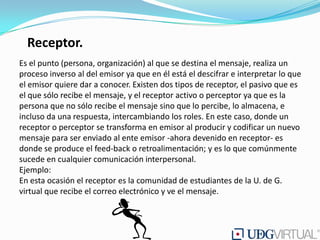 Receptor.
Es el punto (persona, organización) al que se destina el mensaje, realiza un
proceso inverso al del emisor ya que en él está el descifrar e interpretar lo que
el emisor quiere dar a conocer. Existen dos tipos de receptor, el pasivo que es
el que sólo recibe el mensaje, y el receptor activo o perceptor ya que es la
persona que no sólo recibe el mensaje sino que lo percibe, lo almacena, e
incluso da una respuesta, intercambiando los roles. En este caso, donde un
receptor o perceptor se transforma en emisor al producir y codificar un nuevo
mensaje para ser enviado al ente emisor -ahora devenido en receptor- es
donde se produce el feed-back o retroalimentación; y es lo que comúnmente
sucede en cualquier comunicación interpersonal.
Ejemplo:
En esta ocasión el receptor es la comunidad de estudiantes de la U. de G.
virtual que recibe el correo electrónico y ve el mensaje.
 