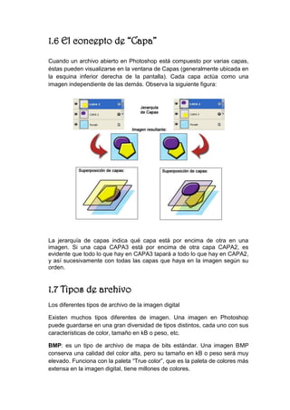 1.6 El concepto de “Capa” 
Cuando un archivo abierto en Photoshop está compuesto por varias capas, éstas pueden visualizarse en la ventana de Capas (generalmente ubicada en la esquina inferior derecha de la pantalla). Cada capa actúa como una imagen independiente de las demás. Observa la siguiente figura: 
La jerarquía de capas indica qué capa está por encima de otra en una imagen. Si una capa CAPA3 está por encima de otra capa CAPA2, es evidente que todo lo que hay en CAPA3 tapará a todo lo que hay en CAPA2, y así sucesivamente con todas las capas que haya en la imagen según su orden. 
1.7 Tipos de archivo 
Los diferentes tipos de archivo de la imagen digital 
Existen muchos tipos diferentes de imagen. Una imagen en Photoshop puede guardarse en una gran diversidad de tipos distintos, cada uno con sus características de color, tamaño en kB o peso, etc. 
BMP: es un tipo de archivo de mapa de bits estándar. Una imagen BMP conserva una calidad del color alta, pero su tamaño en kB o peso será muy elevado. Funciona con la paleta “True color”, que es la paleta de colores más extensa en la imagen digital, tiene millones de colores.  