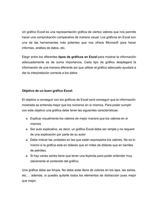 Un gráfico Excel es una representación gráfica de ciertos valores que nos permite
hacer una comprobación comparativa de manera visual. Los gráficos en Excel son
una de las herramientas más potentes que nos ofrece Microsoft para hacer
informes, análisis de datos, etc.
Elegir entre los diferentes tipos de gráficos en Excel para mostrar la información
adecuadamente es de suma importancia. Cada tipo de gráfico desplegará la
información de una manera diferente así que utilizar el gráfico adecuado ayudará a
dar la interpretación correcta a los datos.
Objetivo de un buen gráfico Excel:
El objetivo a conseguir con los gráficos de Excel será conseguir que la información
mostrada se entienda mejor que los números en sí mismos. Para poder cumplir
con este objetivo una gráfica debe tener las siguientes características:
Explicar visualmente los valores de mejor manera que los valores en sí
mismos
Ser auto explicativo, es decir, un gráfico Excel debe ser simple y no requerir
de una explicación por parte de su autor
Debe indicar las unidades en las que están expresados los valores. No es lo
mismo si la gráfica está en dólares que en miles de dólares que en barriles
de petróleo.
Si hay varias series tiene que tener una leyenda para poder entender muy
claramente el contenido del gráfico.
Una gráfica debe ser limpia. No debe estar llena de colores en los ejes, las series,
etc.… además, si puedes quitarle todos los elementos de distracción pues mejor
que mejor.
 