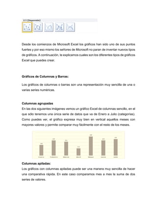 Desde los comienzos de Microsoft Excel los gráficos han sido uno de sus puntos
fuertes y por eso mismo los señores de Microsoft no paran de inventar nuevos tipos
de gráficos. A continuación, te explicamos cuales son los diferentes tipos de gráficos
Excel que puedes crear.
Gráficos de Columnas y Barras:
Los gráficos de columnas o barras son una representación muy sencilla de una o
varias series numéricas.
Columnas agrupadas
En las dos siguientes imágenes vemos un gráfico Excel de columnas sencillo, en el
que sólo tenemos una única serie de datos que va de Enero a Julio (categorías).
Como puedes ver, el gráfico expresa muy bien en vertical aquellos meses con
mayores valores y permite comparar muy fácilmente con el resto de los meses.
Columnas apiladas:
Los gráficos con columnas apiladas puede ser una manera muy sencilla de hacer
una comparativa rápida. En este caso comparamos mes a mes la suma de dos
series de valores.
 
