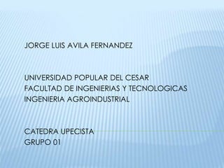 JORGE LUIS AVILA FERNANDEZ 
UNIVERSIDAD POPULAR DEL CESAR 
FACULTAD DE INGENIERIAS Y TECNOLOGICAS 
INGENIERIA AGROINDUSTRIAL 
CATEDRA UPECISTA 
GRUPO 01 
 