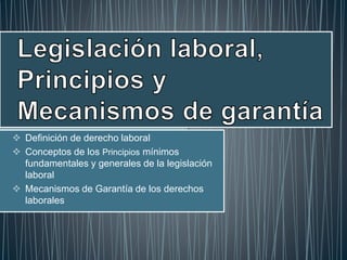  Definición de derecho laboral
 Conceptos de los Principios mínimos
fundamentales y generales de la legislación
laboral
 Mecanismos de Garantía de los derechos
laborales
 