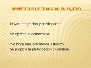 BENEFICIOS DE TRABAJAR EN EQUIPO
1. Mayor integracion y participacion.
2. Se ejercita la democracia.
3. Se logra mas con menos esfuerzo.
4. Se propicia la participacion ciudadana.
 