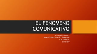 EL FENOMENO
COMUNICATIVO
ACTIVIDAD 1 UNIDAD 2
RENE VULFRANO VILLEGAS COVARRUBIAS
U DE G VIRTUAL
02/03/2017
 