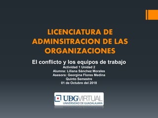 LICENCIATURA DE
ADMINSITRACION DE LAS
ORGANIZACIONES
El conflicto y los equipos de trabajo
Actividad 1 Unidad 2
Alumna: Liliana Sánchez Morales
Asesora: Georgina Flores Medina
Quinto Semestre
01 de Octubre del 2018
 