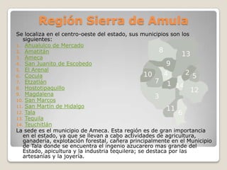 Región Sierra de Amula
Se localiza en el centro-oeste del estado, sus municipios son los
   siguientes:
1. Ahualulco de Mercado
2. Amatitán
3. Ameca
4. San Juanito de Escobedo
5. El Arenal
6. Cocula
7. Etzatlán
8. Hostotipaquillo
9. Magdalena
10. San Marcos
11. San Martín de Hidalgo
12. Tala
13. Tequila
14. Teuchitlán
La sede es el municipio de Ameca. Esta región es de gran importancia
   en el estado, ya que se llevan a cabo actividades de agricultura,
   ganadería, explotación forestal, cañera principalmente en el Municipio
   de Tala donde se encuentra el ingenio azucarero mas grande del
   Estado, apicultura y la industria tequilera; se destaca por las
   artesanías y la joyería.
 