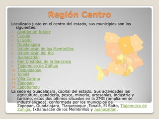 Región Centro
Localizada justo en el centro del estado, sus municipios son los
   siguientes:
1. Acatlán de Juárez
2. Cuquío
3. El Salto
4. Guadalajara
5. Ixtlahuacán de los Membrillos
6. Ixtlahuacán del Río
7. Juanacatlán
8. San Cristóbal de la Barranca
9. Tlajomulco de Zúñiga
10. Tlaquepaque
11. Tonalá
12. Villa Corona
13. Zapopan
14. Zapotlanejo
La sede es Guadalajara, capital del estado. Sus actividades las
    agricultura, ganadería, pesca, minería, artesanías, industria y
    turismo, estos dos últimos situados en la ZMG (ampliamente
    industrializada), conformada por los municipios de
    Zapopan, Guadalajara, Tlaquepaque ,Tonalá, El Salto, Tlajomulco de
    Zuñiga, Ixtlahuacán de los Membrillos y Juanacatlán.
 