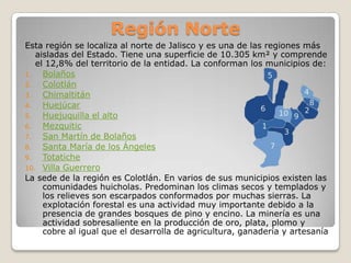 Región Norte
Esta región se localiza al norte de Jalisco y es una de las regiones más
   aisladas del Estado. Tiene una superficie de 10.305 km² y comprende
   el 12,8% del territorio de la entidad. La conforman los municipios de:
1.   Bolaños
2.   Colotlán
3.   Chimaltitán
4.   Huejúcar
5.   Huejuquilla el alto
6.   Mezquitic
7.   San Martín de Bolaños
8.   Santa María de los Ángeles
9.   Totatiche
10. Villa Guerrero
La sede de la región es Colotlán. En varios de sus municipios existen las
     comunidades huicholas. Predominan los climas secos y templados y
     los relieves son escarpados conformados por muchas sierras. La
     explotación forestal es una actividad muy importante debido a la
     presencia de grandes bosques de pino y encino. La minería es una
     actividad sobresaliente en la producción de oro, plata, plomo y
     cobre al igual que el desarrolla de agricultura, ganadería y artesanía
 