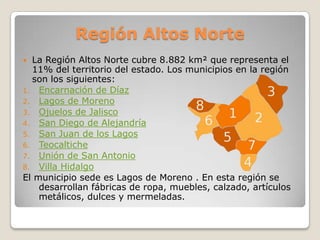 Región Altos Norte
 La Región Altos Norte cubre 8.882 km² que representa el
  11% del territorio del estado. Los municipios en la región
  son los siguientes:
1. Encarnación de Díaz
2. Lagos de Moreno
3. Ojuelos de Jalisco
4. San Diego de Alejandría
5. San Juan de los Lagos
6. Teocaltiche
7. Unión de San Antonio
8. Villa Hidalgo
El municipio sede es Lagos de Moreno . En esta región se
    desarrollan fábricas de ropa, muebles, calzado, artículos
    metálicos, dulces y mermeladas.
 
