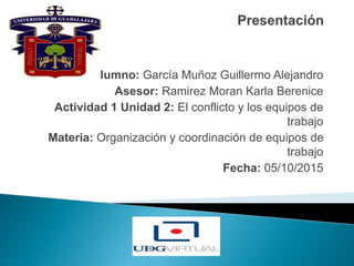 Alumno: García Muñoz Guillermo Alejandro
Asesor: Ramirez Moran Karla Berenice
Actividad 1 Unidad 2: El conflicto y los equipos de
trabajo
Materia: Organización y coordinación de equipos de
trabajo
Fecha: 05/10/2015
 