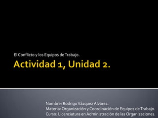 El Conflicto y los Equipos de Trabajo.




                  Nombre: Rodrigo Vázquez Alvarez.
                  Materia: Organización y Coordinación de Equipos de Trabajo.
                  Curso: Licenciatura en Administración de las Organizaciones.
 