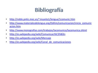 http://roble.pntic.mec.es/~msanto1/lengua/1comunic.htmhttp://www.materialesdelengua.org/Edilim/comunicacion/inicio_comunicacion.htmhttp://www.monografias.com/trabajos/lacomunica/lacomunica.shtmlhttp://es.wikipedia.org/wiki/Comunicaci%C3%B3nhttp://es.wikipedia.org/wiki/Mensajehttp://es.wikipedia.org/wiki/Canal_de_comunicacionesBibliografía