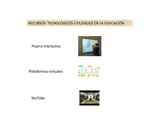 Pizarra interactiva
Plataformas virtuales
YouTube
RECURSOS TECNOLÓGICOS UTILIZADOS EN LA EDUCACIÓN.
 