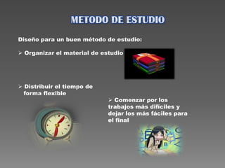 METODO DE ESTUDIODiseño para un buen método de estudio: Organizar el material de estudio
