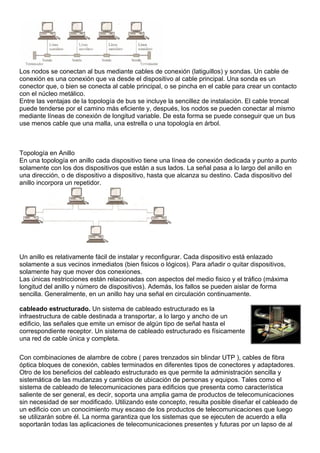 Los nodos se conectan al bus mediante cables de conexión (latiguillos) y sondas. Un cable de
conexión es una conexión que va desde el dispositivo al cable principal. Una sonda es un
conector que, o bien se conecta al cable principal, o se pincha en el cable para crear un contacto
con el núcleo metálico.
Entre las ventajas de la topología de bus se incluye la sencillez de instalación. El cable troncal
puede tenderse por el camino más eficiente y, después, los nodos se pueden conectar al mismo
mediante líneas de conexión de longitud variable. De esta forma se puede conseguir que un bus
use menos cable que una malla, una estrella o una topología en árbol.



Topología en Anillo
En una topología en anillo cada dispositivo tiene una línea de conexión dedicada y punto a punto
solamente con los dos dispositivos que están a sus lados. La señal pasa a lo largo del anillo en
una dirección, o de dispositivo a dispositivo, hasta que alcanza su destino. Cada dispositivo del
anillo incorpora un repetidor.




Un anillo es relativamente fácil de instalar y reconfigurar. Cada dispositivo está enlazado
solamente a sus vecinos inmediatos (bien fisicos o lógicos). Para añadir o quitar dispositivos,
solamente hay que mover dos conexiones.
Las únicas restricciones están relacionadas con aspectos del medio fisico y el tráfico (máxima
longitud del anillo y número de dispositivos). Además, los fallos se pueden aislar de forma
sencilla. Generalmente, en un anillo hay una señal en circulación continuamente.

cableado estructurado. Un sistema de cableado estructurado es la
infraestructura de cable destinada a transportar, a lo largo y ancho de un
edificio, las señales que emite un emisor de algún tipo de señal hasta el
correspondiente receptor. Un sistema de cableado estructurado es físicamente
una red de cable única y completa.

Con combinaciones de alambre de cobre ( pares trenzados sin blindar UTP ), cables de fibra
óptica bloques de conexión, cables terminados en diferentes tipos de conectores y adaptadores.
Otro de los beneficios del cableado estructurado es que permite la administración sencilla y
sistemática de las mudanzas y cambios de ubicación de personas y equipos. Tales como el
sistema de cableado de telecomunicaciones para edificios que presenta como característica
saliente de ser general, es decir, soporta una amplia gama de productos de telecomunicaciones
sin necesidad de ser modificado. Utilizando este concepto, resulta posible diseñar el cableado de
un edificio con un conocimiento muy escaso de los productos de telecomunicaciones que luego
se utilizarán sobre él. La norma garantiza que los sistemas que se ejecuten de acuerdo a ella
soportarán todas las aplicaciones de telecomunicaciones presentes y futuras por un lapso de al
 