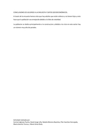 Actividad realizada por:
Carmen Iglesias Puerta, David Jorge villa, Natalia Moreno Bautista, Pilar Sanchez Horcajada,
María Sanchis Torres y María Simal Ávila.
CONCLUSIONES DE ACUERDO A LA ENCUESTA Y DATOS SOCIOECONÓMICOS.
A través de la encuesta hemos visto que hay adultos que están solteros y no tienen hijos y esto
hace que la población sea envejecida debido a la falta de natalidad.
La poblacion se dedica principalmente a la construccion y debido a la crisis en este sector hay
un número muy alto de parados.
 