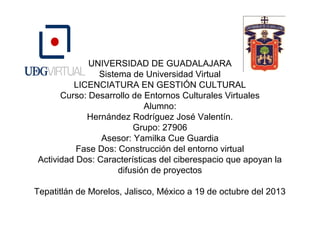 UNIVERSIDAD DE GUADALAJARA
Sistema de Universidad Virtual
LICENCIATURA EN GESTIÓN CULTURAL
Curso: Desarrollo de Entornos Culturales Virtuales
Alumno:
Hernández Rodríguez José Valentín.
Grupo: 27906
Asesor: Yamilka Cue Guardia
Fase Dos: Construcción del entorno virtual
Actividad Dos: Características del ciberespacio que apoyan la
difusión de proyectos
Tepatitlán de Morelos, Jalisco, México a 19 de octubre del 2013

 