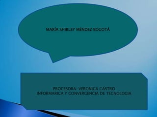 MARÍA SHIRLEY MÉNDEZ BOGOTÁ

PROCESORA: VERONICA CASTRO
INFORMARICA Y CONVERGENCIA DE TECNOLOGIA

 