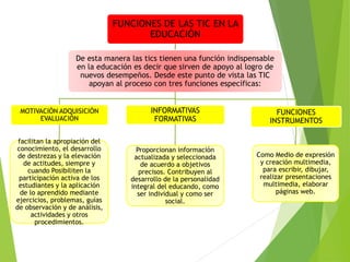 FUNCIONES DE LAS TIC EN LA
EDUCACIÓN
De esta manera las tics tienen una función indispensable
en la educación es decir que sirven de apoyo al logro de
nuevos desempeños. Desde este punto de vista las TIC
apoyan al proceso con tres funciones específicas:
MOTIVACIÓN ADQUISICIÓN
EVALUACIÓN
facilitan la apropiación del
conocimiento, el desarrollo
de destrezas y la elevación
de actitudes, siempre y
cuando Posibiliten la
participación activa de los
estudiantes y la aplicación
de lo aprendido mediante
ejercicios, problemas, guías
de observación y de análisis,
actividades y otros
procedimientos.
INFORMATIVAS
FORMATIVAS
Proporcionan información
actualizada y seleccionada
de acuerdo a objetivos
precisos. Contribuyen al
desarrollo de la personalidad
integral del educando, como
ser individual y como ser
social.
FUNCIONES
INSTRUMENTOS
Como Medio de expresión
y creación multimedia,
para escribir, dibujar,
realizar presentaciones
multimedia, elaborar
páginas web.
 