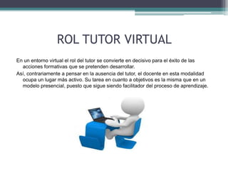 ROL TUTOR VIRTUAL 
En un entorno virtual el rol del tutor se convierte en decisivo para el éxito de las 
acciones formativas que se pretenden desarrollar. 
Así, contrariamente a pensar en la ausencia del tutor, el docente en esta modalidad 
ocupa un lugar más activo. Su tarea en cuanto a objetivos es la misma que en un 
modelo presencial, puesto que sigue siendo facilitador del proceso de aprendizaje. 
 