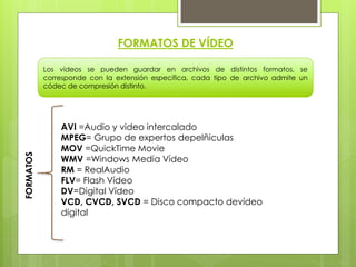 FORMATOS DE VÍDEO
Los videos se pueden guardar en archivos de distintos formatos, se
corresponde con la extensión específica, cada tipo de archivo admite un
códec de compresión distinto.
FORMATOS
AVI =Audio y video intercalado
MPEG= Grupo de expertos depelñiculas
MOV =QuickTime Movie
WMV =Windows Media Vídeo
RM = RealAudio
FLV= Flash Vídeo
DV=Digital Vídeo
VCD, CVCD, SVCD = Disco compacto devídeo
digital
 