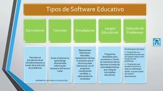 Tipos de Software Educativo
Ejercitadores
Permiten al
estudiante tener
retroalimentación a
través de la solución
de problemas
Tutoriales
Guían al alumno su
aprendizaje
ofreciéndole
información
necesaria del tema a
tratar
Simuladores
Representan
fenómenos
naturales,
representan hechos
o procesos que el
alumno puede
interactuar con el
programa
manipulando
variables y
observando los
resultados
Juegos
Educativos
Programas
diseñados para
aumentar o mover
la motivación de los
alumnos a través de
actividades lúdicas
que integran
actividades
educativas.
Solución de
Problemas
Se distinguen dos tipos:
1.- Programas con
explicaciones practicas,
con pasos a seguir para
la solución de
problemas.
2.- Programas que
ayudan al alumno a
adquirir habilidades
dando la oportunidad
de resolver
directamente.
INFORMATICA APLICADA A LA EDUCACIÓN
 