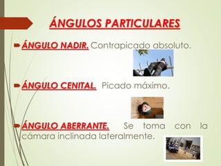 ÁNGULOS PARTICULARES
ÁNGULO NADIR. Contrapicado absoluto.
ÁNGULO CENITAL. Picado máximo.
ÁNGULO ABERRANTE. Se toma con la
cámara inclinada lateralmente.
 