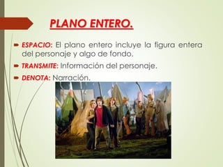 PLANO ENTERO.
 ESPACIO: El plano entero incluye la figura entera
del personaje y algo de fondo.
 TRANSMITE: Información del personaje.
 DENOTA: Narración.
 