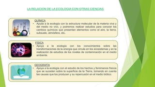 LA RELACION DE LA ECOLOGIA CON OTRAS CIENCIAS
FÍSICA
• Apoya a la ecología con los conocimientos sobre las
transformaciones de la energía que circula en los ecosistemas y en la
realización de estudios de los niveles de contaminación en el medio
ambiente.
QUÍMICA
• Ayuda a la ecología con la estructura molecular de la materia viva y
del medio no vivo, y podremos realizar estudios para conocer los
cambios químicos que presentan elementos como el aire, la tierra,
subsuelo, atmósfera, etc.
GEOGRAFÍA
• Apoya a la ecología con el estudio de los hechos y fenómenos físicos
que se suceden sobre la superficie de la Tierra, tomando en cuenta
las causas que los producen y su repercusión en el medio biótico.
 