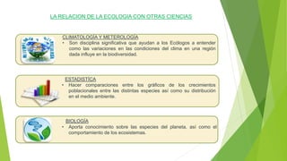 LA RELACION DE LA ECOLOGIA CON OTRAS CIENCIAS
CLIMATOLOGÍA Y METEROLOGÍA
• Son disciplina significativa que ayudan a los Ecólogos a entender
como las variaciones en las condiciones del clima en una región
dada influye en la biodiversidad.
ESTADISTÍCA
• Hacer comparaciones entre los gráficos de los crecimientos
poblacionales entre las distintas especies así como su distribución
en el medio ambiente.
BIOLOGÍA
• Aporta conocimiento sobre las especies del planeta, así como el
comportamiento de los ecosistemas.
 