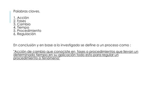 Palabras claves.
1. Acción
2. Fases
3. Cambio
4. Tiempo
5. Procedimiento
6. Regulación
En conclusión y en base a lo investigado se define a un proceso como :
"Acción de cambio que conociste en fases o procedimientos que llevan un
determinado tiempo en su aplicación todo esto para regular un
procedimiento o fenómeno"