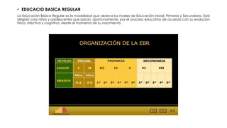 • EDUCACIO BASICA REGULAR
La Educación Básica Regular es la modalidad que abarca los niveles de Educación Inicial, Primaria y Secundaria. Está
dirigida a los niños y adolescentes que pasan, oportunamente, por el proceso educativo de acuerdo con su evolución
física, afectiva y cognitiva, desde el momento de su nacimiento.
 