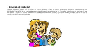 • COMUNIDAD EDUCATIVA
La comunidad educativa está conformada por estudiantes, padres de familia, profesores, directivos, administrativos, ex
alumnos y miembros de la comunidad local. Según las características de la Institución Educativa, sus representantes
integran el Consejo Educativo Institucional y participan en la formulación y ejecución del Proyecto Educativo en lo que
respectivamente les corresponda.
 