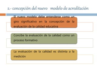 El nuevo modelo debe entenderse como un
giro significativo en la concepción de la
evaluación de la calidad educativa
Concibe la evaluación de la calidad como un
proceso formativo
La evaluación de la calidad es distinta a la
medición
2.- concepción del nuevo modelo de acreditación
 