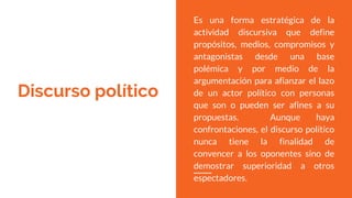 Discurso político
Es una forma estratégica de la
actividad discursiva que define
propósitos, medios, compromisos y
antagonistas desde una base
polémica y por medio de la
argumentación para afianzar el lazo
de un actor político con personas
que son o pueden ser afines a su
propuestas. Aunque haya
confrontaciones, el discurso político
nunca tiene la finalidad de
convencer a los oponentes sino de
demostrar superioridad a otros
espectadores.
 