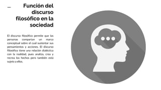 Función del
discurso
filosófico en la
sociedad
El discurso filosófico permite que las
personas compartan un marco
conceptual sobre el cual sustentar sus
pensamientos y acciones. El discurso
filosófico tiene una relación dialéctica
con la realidad, pues analiza, crea y
recrea los hechos pero también está
sujeto a ellos.
 