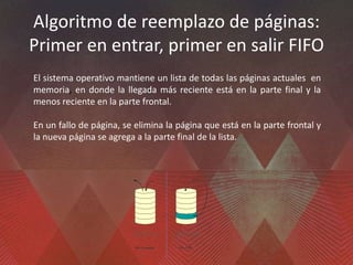 Algoritmo de reemplazo de páginas:
Primer en entrar, primer en salir FIFO
El sistema operativo mantiene un lista de todas las páginas actuales en
memoria, en donde la llegada más reciente está en la parte final y la
menos reciente en la parte frontal.
En un fallo de página, se elimina la página que está en la parte frontal y
la nueva página se agrega a la parte final de la lista.
 